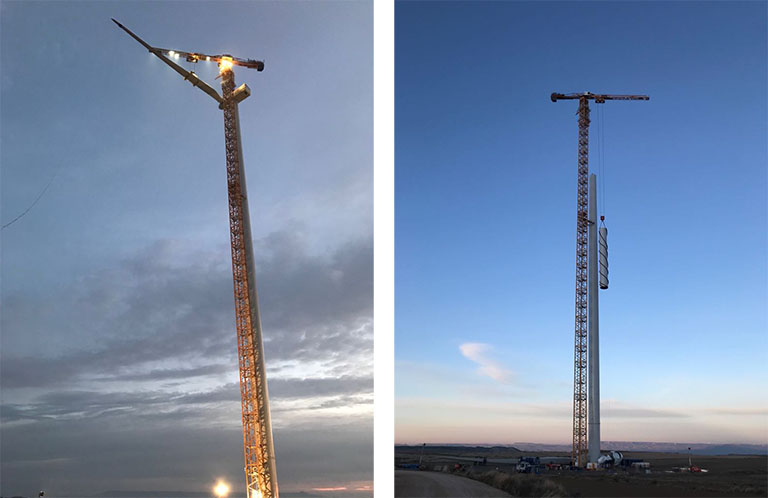 Montage de la tour à vent avec une grue à tour à Borja